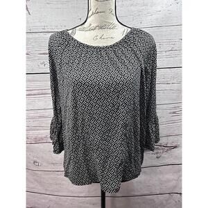 Michael Kors Medium Black White Blouse MK‎ Circles Peasant 3/4 Sleeves